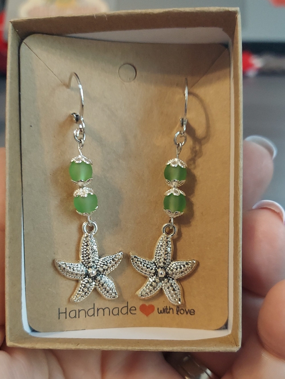 Handmade Green Starfish Drop Earrings